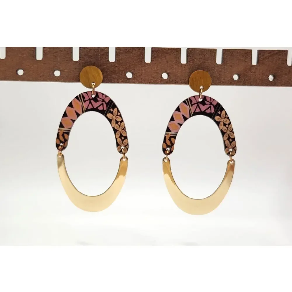 Boho Oval Geometric Wood and Gold Tone Metal Mixed Media Dangle Earrings